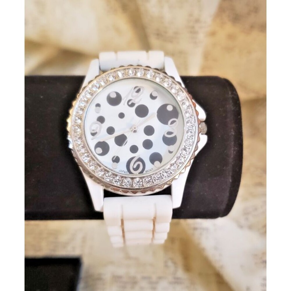 Fun, Quirky, Whimsical - F Geneva Watch - White Jelly Band and Polka Dot Face